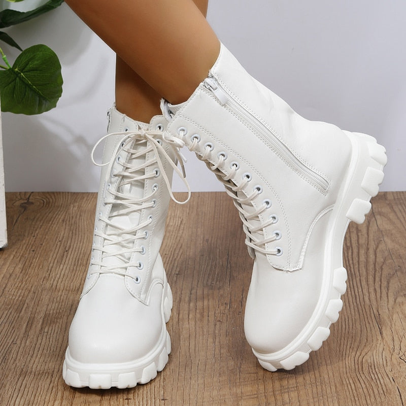flowersverse Women's Martens Boots PU Leather White Ankle Boots Autumn Winter Motorcycle Boots Fashion Female Chunky Heel Platform Boots