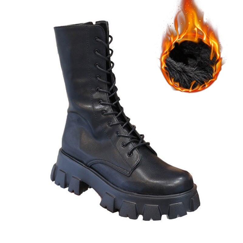 flowersverse Women's Martens Boots PU Leather White Ankle Boots Autumn Winter Motorcycle Boots Fashion Female Chunky Heel Platform Boots