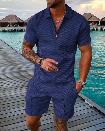 flowersverse Men's Polo Suit Fashion Men Sets Mens Solid Color Summer V-neck Zipper Short Sleeve POLO Shirt+Shorts Two Pieces Men Casual Suit