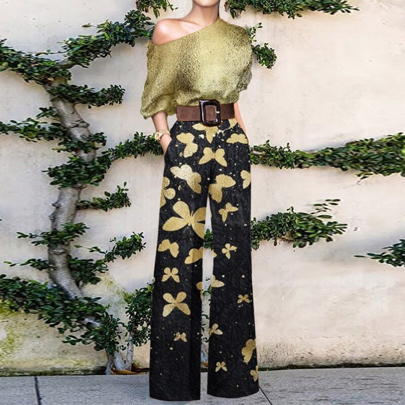 flowersverse Women Commute Fashion Jumpsuits Summer Printed Casual One Shoulder Short Sleeve Wide-leg Pants Playsuits Elegant Holiday Rompers