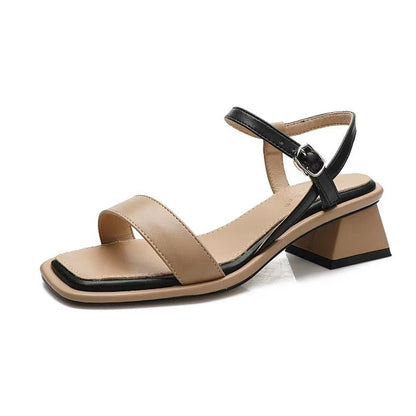 Amozae Summer Women Sandals Color Matching Square Toe Buckle Mid Block Heel Females Slippers Fashion High Quality Cozy Lady Shoe