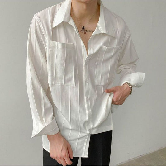 flowersverse Fashion Lapel Button Spliced Pockets All-match Shirts Men's Clothing Spring New Loose Casual Tops Solid Color Korean Shirt
