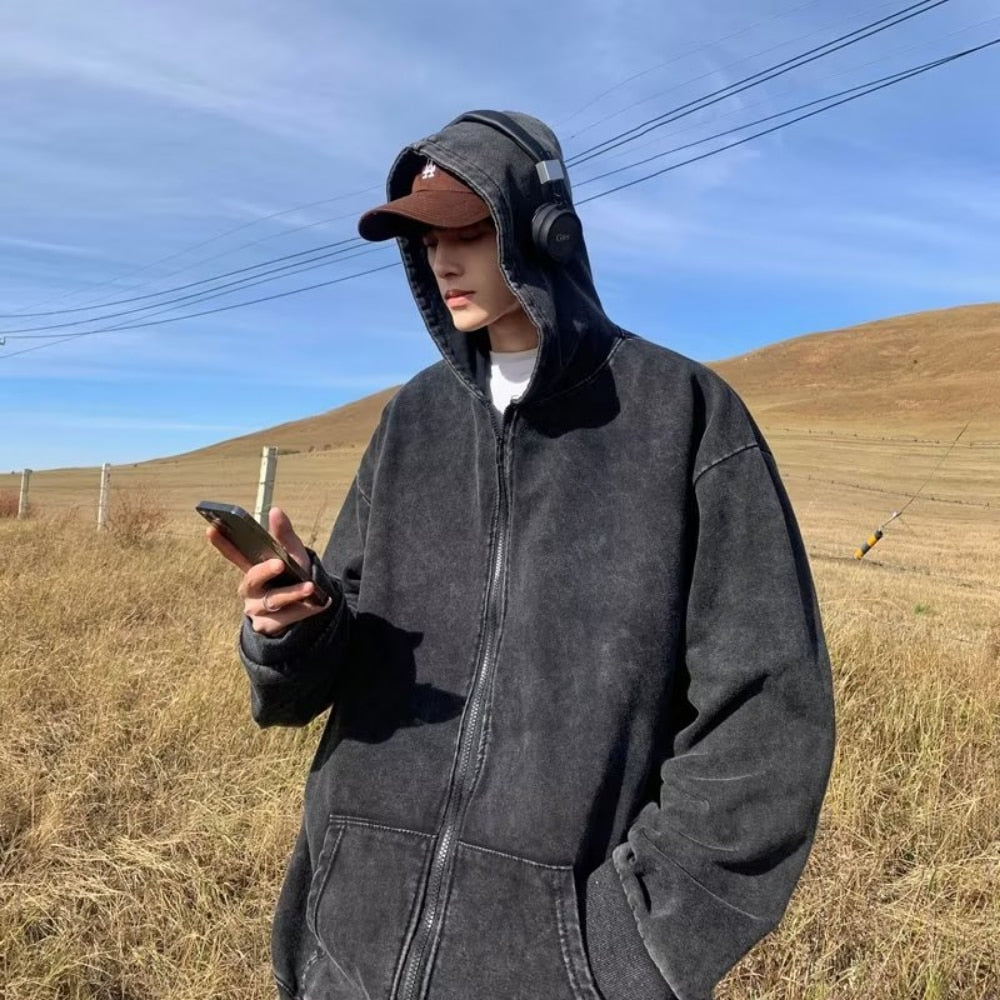 flowersverse American Style Hooded Sweatshirt Men's Zip Up Hoodie Harajuku Retro Streetwear Women Loose Jacket Spring Fall New In