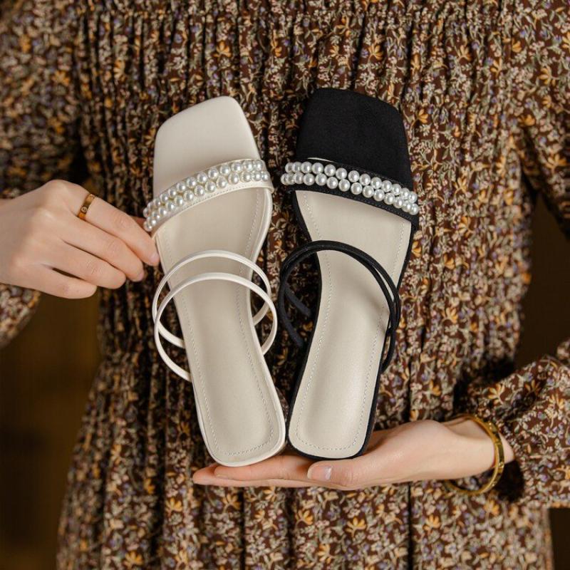 Amozae Summer Woman Sandal Pearl Decoration Round Head Low Transparent Heel Female Slipper Fashion High Quality Breathable Shoe