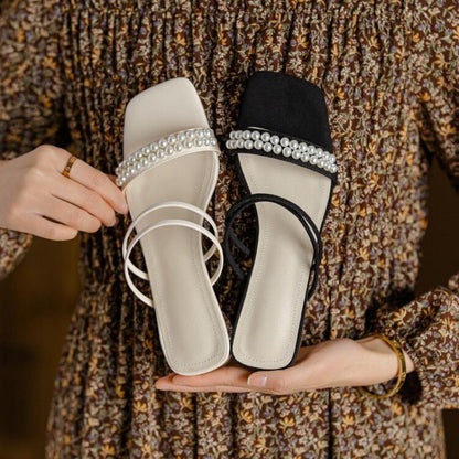 Amozae Summer Woman Sandal Pearl Decoration Round Head Low Transparent Heel Female Slipper Fashion High Quality Breathable Shoe