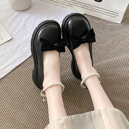 flowersverse - Lolita Shoes Latform Loafers Mary Jane Shoes Women Retro British Small Leather Shoes Bow Tie Lolita Small Leather Shoes