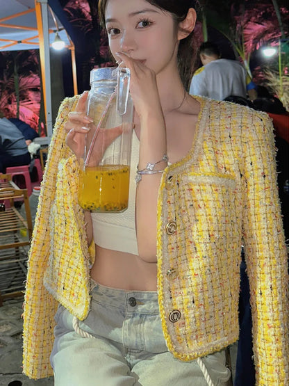 flowersverse Spring New French Design Fashion Sweet Tweed Jacket Women Luxury Woolen Short Coats Outwear Casacos chaqueta mujer