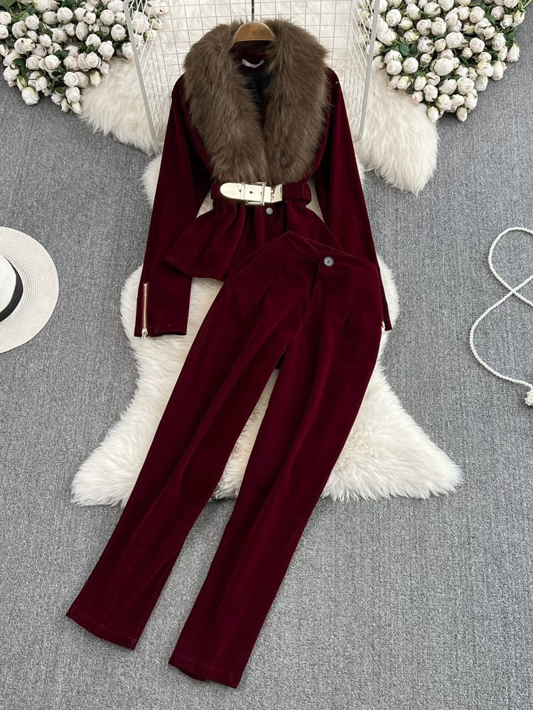 Winter Fashion Women Two Piece Set Elegant Casual Long Sleeve Top and Pants Outfits Femme Vintage Jackets Suit Warm Clothes New