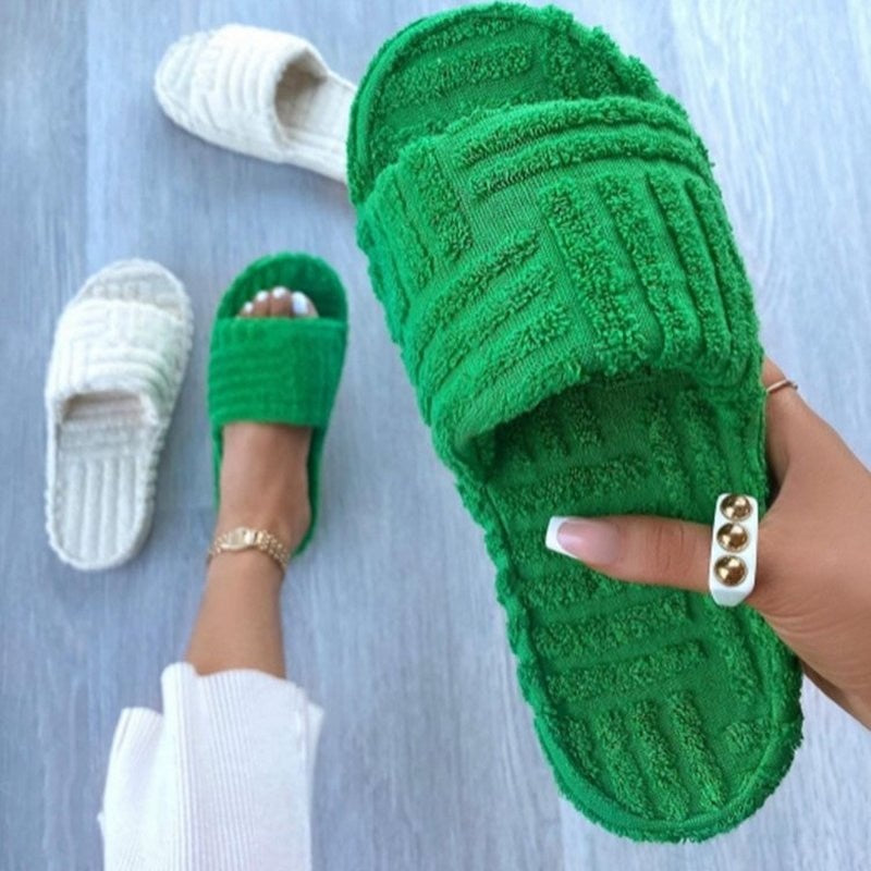 Amozae  Women's Open-Toe Platform Shoes Green Corduroy Flat Slippers Outdoor Women's Sandals Summer Flip Flops Женские Тапочки