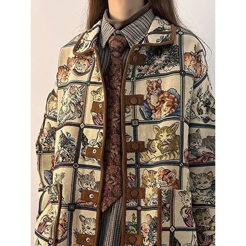 flowersverse Fashion Vintage Jackets Cartoon Print Single Breasted Turn Down Collar Design Coats Y2k Preppy Style All Match Women's Clothing