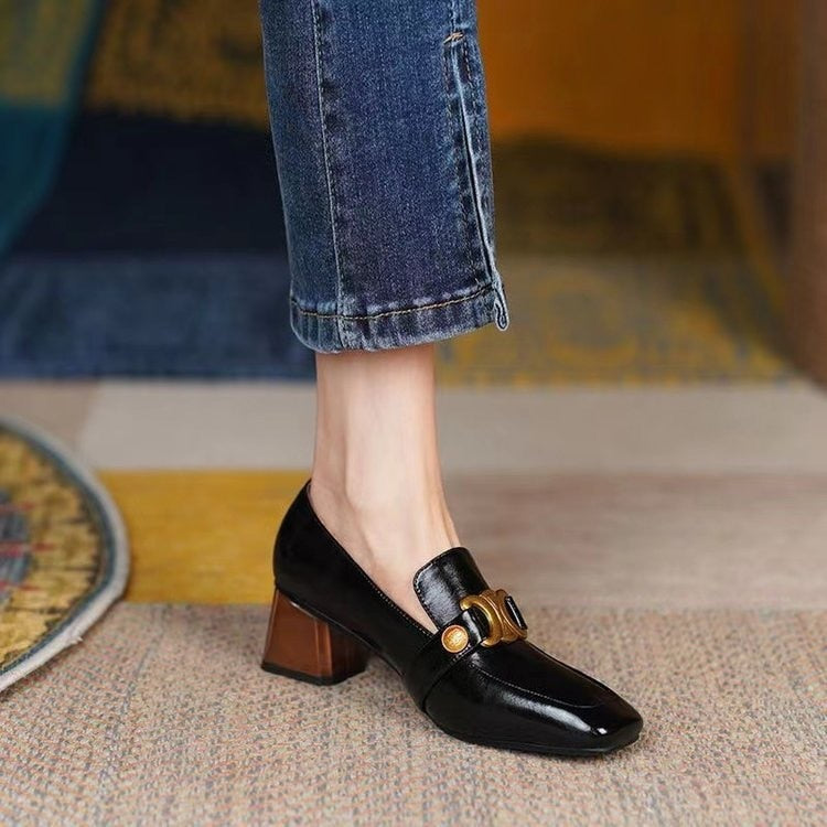 Graduation Gift Retro Women Heeled Shoes Spring Leather Chunky Square Toe Metal Decorative Office Lady Loafers British Style Brown Female Shoes