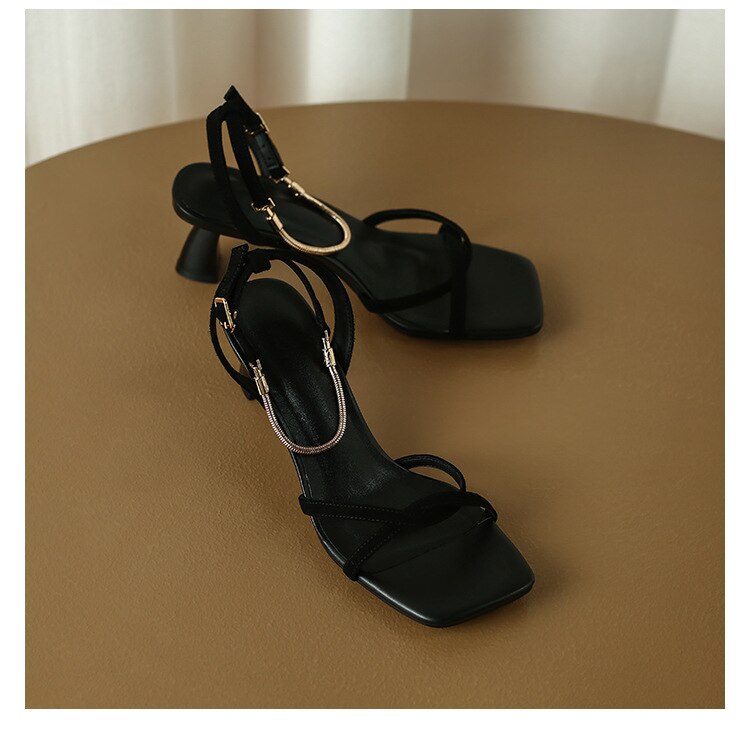 flowersverse Sandals for Women High Heel Summer Thin Ankle Straps Mental Buckle Strap Lady Sandals Elegant Fashion Concise Female Shoes