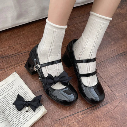 Pink Mary Jane Lolita Shoes Women Autumn Y2K Patent Leather Low Heels Pumps Woman Silk Bowtie Ankle Straps Party Shoes