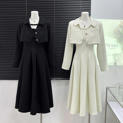 flowersverse Vintage College Style Cropped Blazer Two Piece Dress Sets Women's Short Jacket Coat +Strapless Sling Slim Mid Dress Suits Female