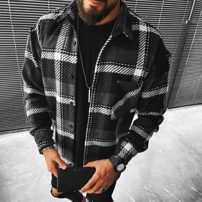 flowersverse Business Casual Plaid Print Wool Shirt Jacket Men  Spring Single Breasted Lapel Top Autumn Pocket Patchwork T-shirt Cardigan