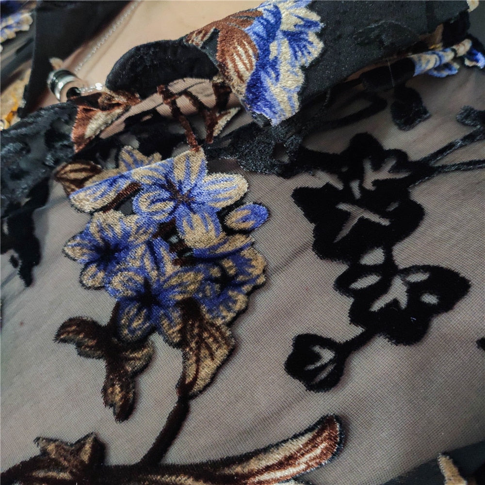 flowersverse Colorful Flowers Pattern Velvet Shirt Men Transparent Short Sleeve Sexy Shirt Social Club Outfits Party Men Designer Shirt