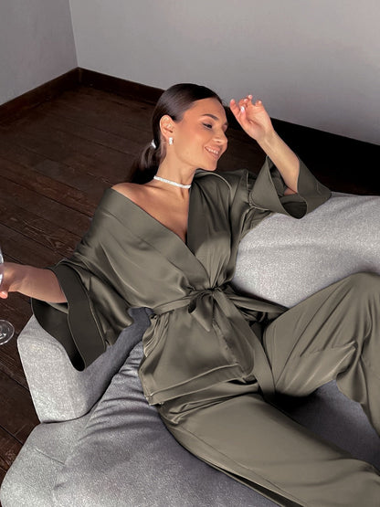 Solid Color Sleepwear Loose Flare Home Pants Three Quarter Sleeve Satin Robe Sets Bathrobe For Women Pajama Fashion Spring