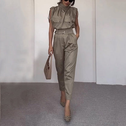 Two Piece Sets Women Summer  Elegant Sleeveless Chic Long Pants Sets Tie Neck Belt Solid Office Outfit With Pocket