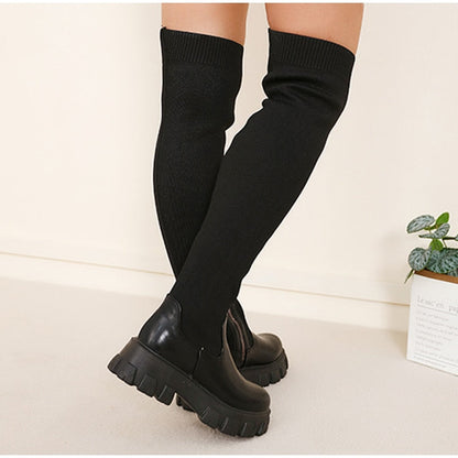 Christmas Gift Over The Knee  Spring And Autumn Stitching Knitted Vertical Pattern Fashion Platform Boots Socks Shoes Women's Boots