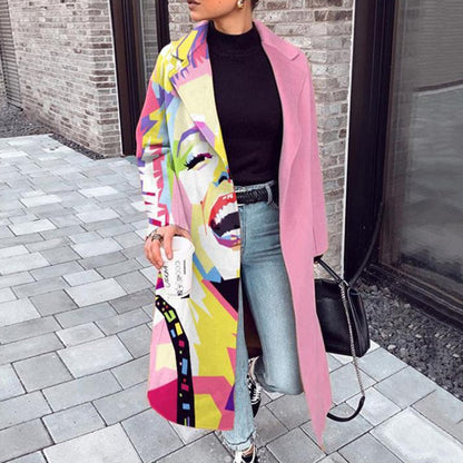flowersverse Fall Winter Elegant Women Fashion Lapel Collar Button Long Tops Outwear Casual Pattern Colorful Print Patchwork Cardigan Coats