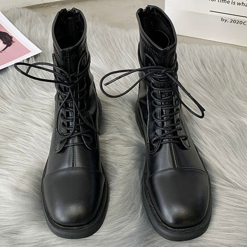 Christmas Gift Fashion Women Ankle Boots Lace Up Booties Woman Winter Flats Shoes Zip Solid Square Toe Ladies Short Boots Female Shoes