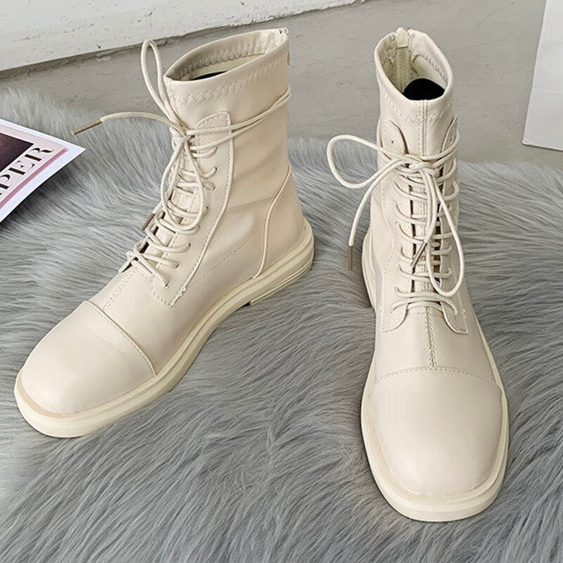 Christmas Gift Fashion Women Ankle Boots Lace Up Booties Woman Winter Flats Shoes Zip Solid Square Toe Ladies Short Boots Female Shoes