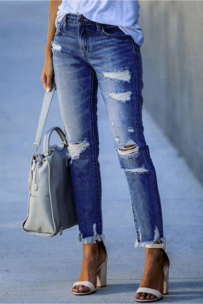 flowersverse Spring/Summer Washed Old Tassel Jeans Women's Mid-waist Solid Color Slim Fit Slim High Elastic Pencil Pants Women  Jeans