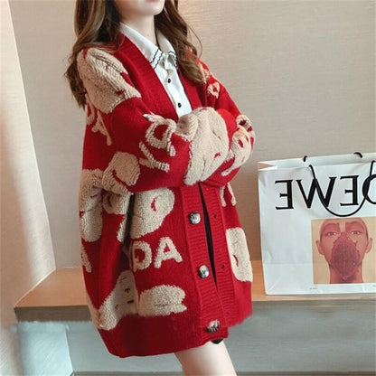 flowersverse Loose Sweater Oversize Woman Christmas Sweater Coat Korean Fashion Sweet Cardigans For Women  Thick Winter Clothes Knitted