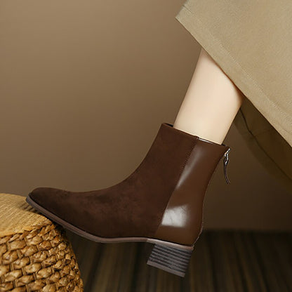 flowersverse Autumn Women Short Boots Winter Suede Stitching Square Toe Lady Shoe Rear Zipper Thick Heel Fashion Solid Elastic Female Boot