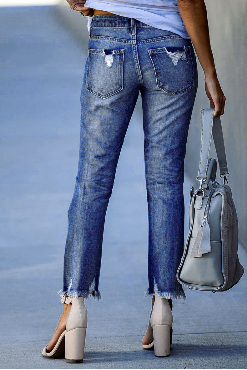 flowersverse Spring/Summer Washed Old Tassel Jeans Women's Mid-waist Solid Color Slim Fit Slim High Elastic Pencil Pants Women  Jeans