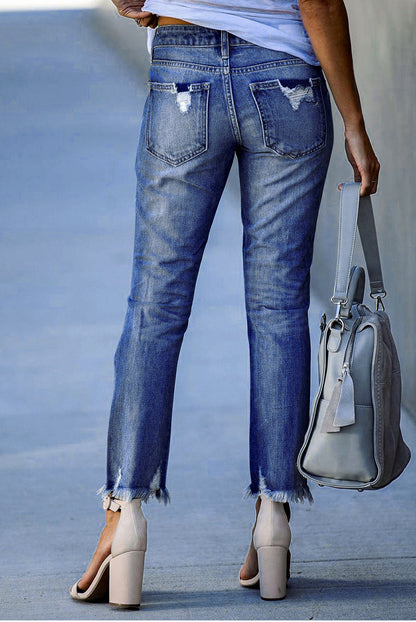 flowersverse Spring/Summer Washed Old Tassel Jeans Women's Mid-waist Solid Color Slim Fit Slim High Elastic Pencil Pants Women  Jeans