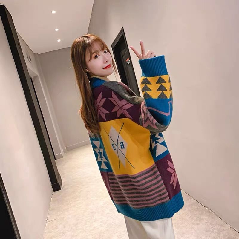 flowersverse Female Winter Autumn Christmas Print V-neck Korean Preppy Style Long Sleeve Buttons Knitted Cardigan Coat Street Casual Top