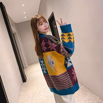 flowersverse Female Winter Autumn Christmas Print V-neck Korean Preppy Style Long Sleeve Buttons Knitted Cardigan Coat Street Casual Top