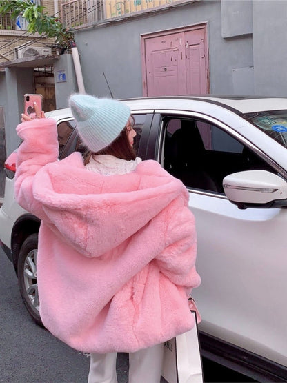 flowersverse Women Sweet Pink Fur Coats Female Winter Thick Warm Streetwears Korean Hooded Fashion Oversize Outerwears