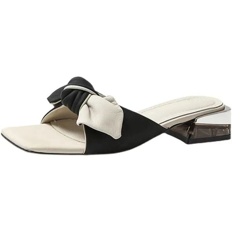 Amozae Summer Women Slippers Solid Butterfly Knot Square Toe Thick Med Heel Lady Sandals Fashion Sweet Concise Leisure Female Shoe
