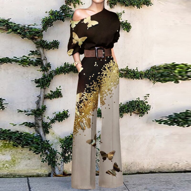 flowersverse Women Commute Fashion Jumpsuits Summer Printed Casual One Shoulder Short Sleeve Wide-leg Pants Playsuits Elegant Holiday Rompers