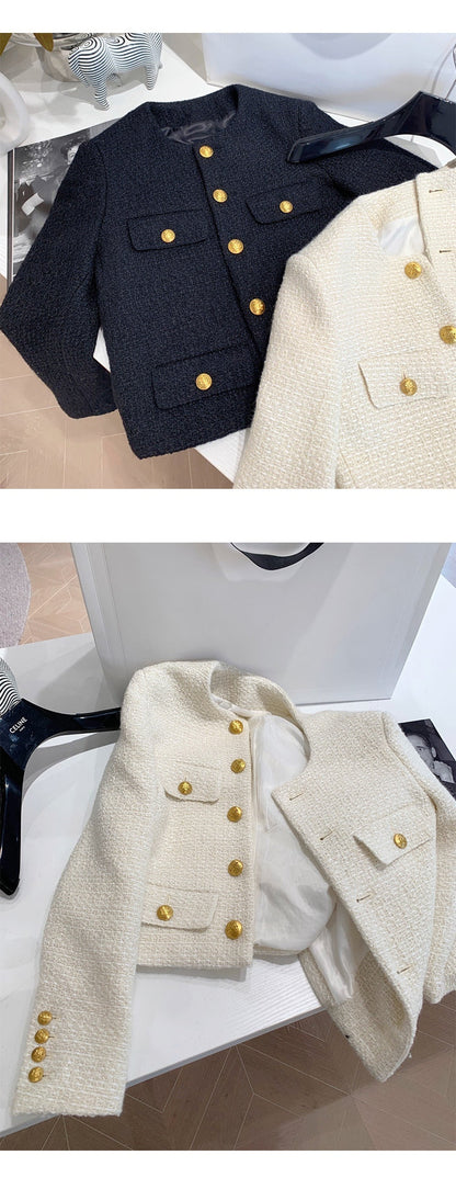 flowersverse Autumn Winter Small Fragrant Tweed Jacket Coat Women Vintage Woolen Short Coats Streetwear Elegant Casual Slim Outwear Crop Top