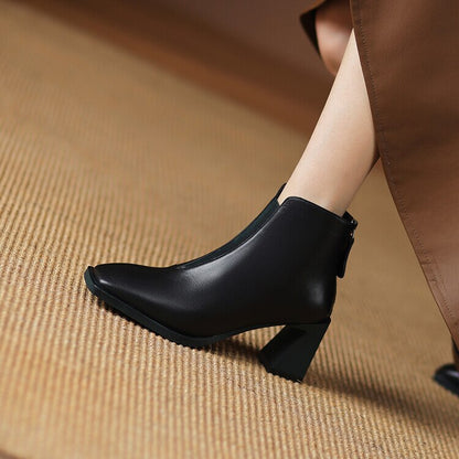 flowersverse  Autumn Winter Square Toe Boots Women Chunky Heel Genuine Leather Shoes For Women Short Boots Solid Color Zipper Ankle Boots