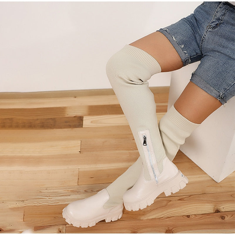 Christmas Gift Over The Knee  Spring And Autumn Stitching Knitted Vertical Pattern Fashion Platform Boots Socks Shoes Women's Boots