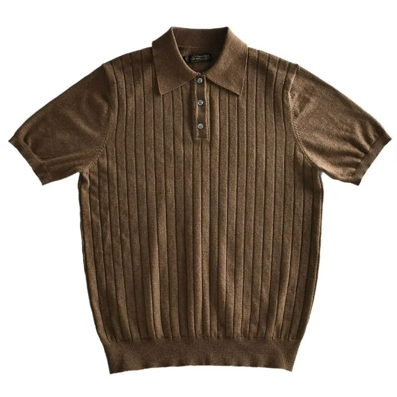 flowersverse Fashion Men Knit Polo Shirt Summer Short Sleeve Casual Strech Knitted Slim Tops Leisure Pure Color Button Lapel Men Polo T-shirt