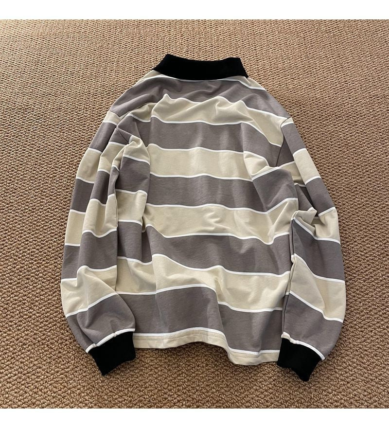 flowersverse New Striped POLO Shirt Top Women Japan Retro Long-sleeved Men Loose Trend Couple BF Lapel Sweatshirt Hip Hop Cool Shirts