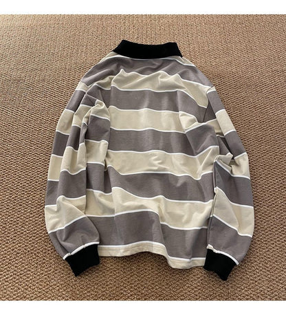 flowersverse New Striped POLO Shirt Top Women Japan Retro Long-sleeved Men Loose Trend Couple BF Lapel Sweatshirt Hip Hop Cool Shirts