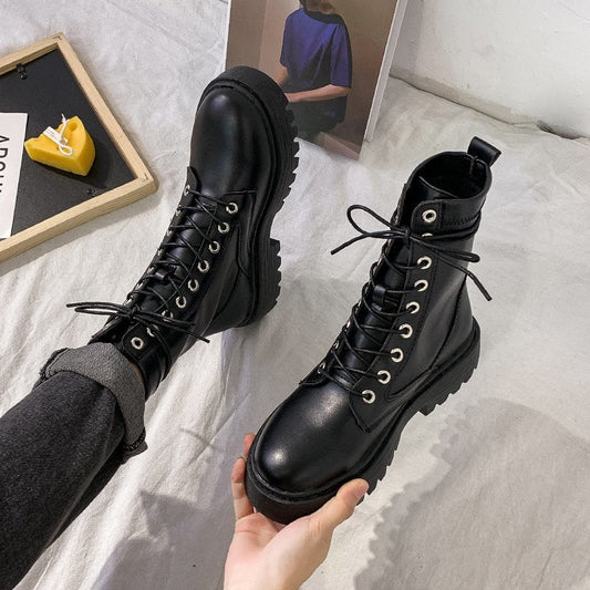 flowersverse New Mid Calf Boots Women Autumn Winter Fashion Lace-Up Zipper Botas Mujer Boots Sports Platform Heel Ladies Shoes  Flat