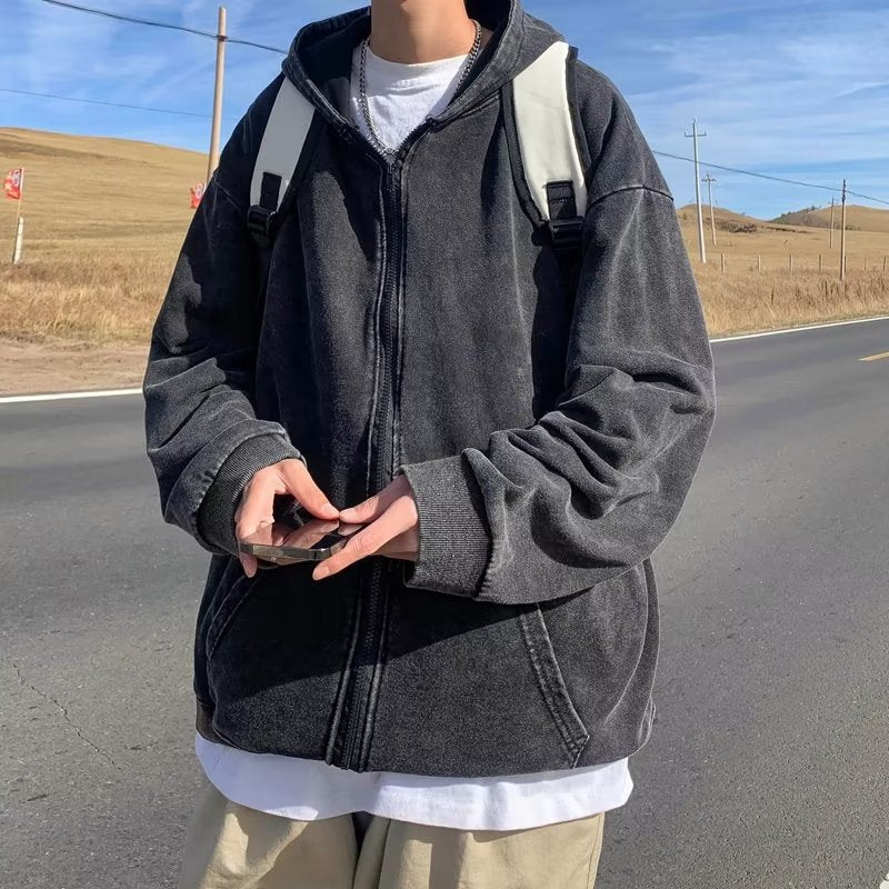 flowersverse American Style Hooded Sweatshirt Men's Zip Up Hoodie Harajuku Retro Streetwear Women Loose Jacket Spring Fall New In