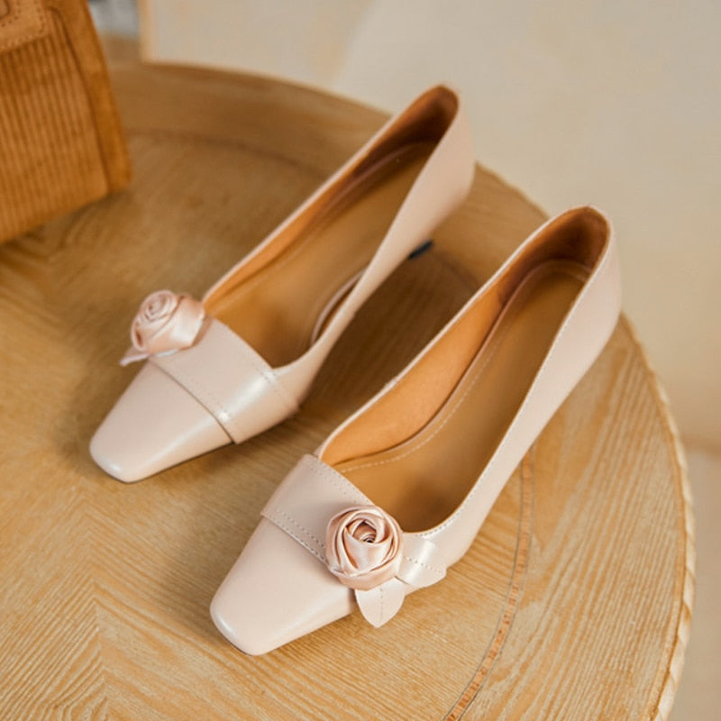 flowersverse Wedding Ladies Shoes Prom Middle Heel Square Head Women's Pumps Elegant Fairy Style Gentle Female Single Shoes