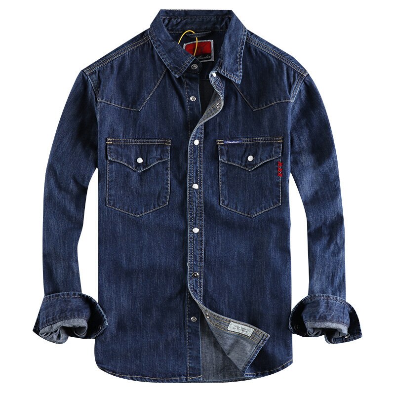 flowersverse Denim Shirt Men Cotton Jeans Shirt American Retro Washed Fashion Pocket Slim Long Sleeve Cowboy Shirt Stylish Slim Tops Shirts