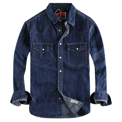 flowersverse Denim Shirt Men Cotton Jeans Shirt American Retro Washed Fashion Pocket Slim Long Sleeve Cowboy Shirt Stylish Slim Tops Shirts