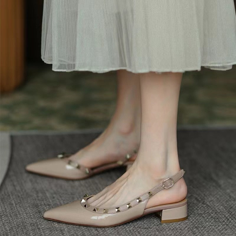 flowersverse New Summer Women Sandals Rivet Pointed Toe Chunky Heel Low Heel Flat Females Pumps Fashion High Quality Elegant Noble Lady Shoe