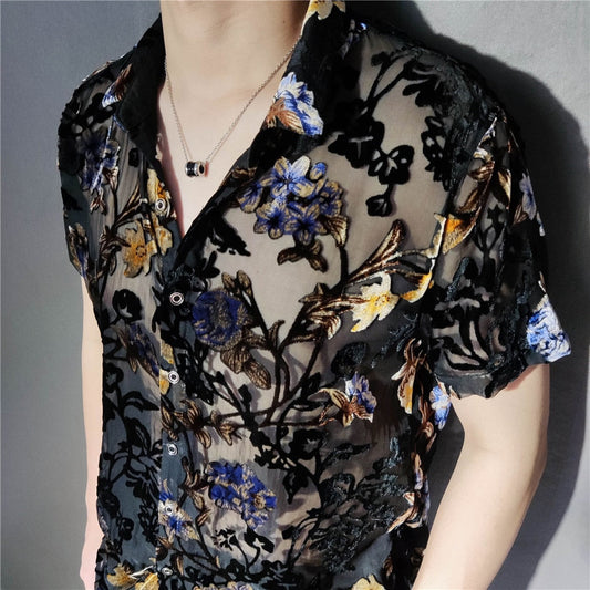 flowersverse Colorful Flowers Pattern Velvet Shirt Men Transparent Short Sleeve Sexy Shirt Social Club Outfits Party Men Designer Shirt