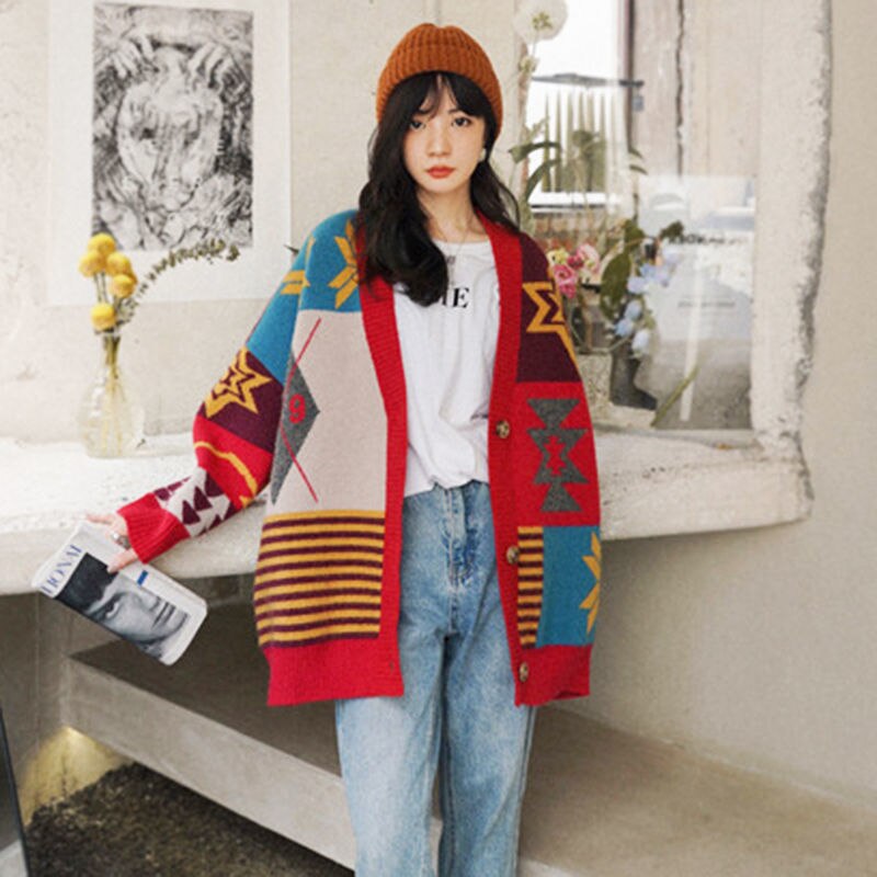 flowersverse Female Winter Autumn Christmas Print V-neck Korean Preppy Style Long Sleeve Buttons Knitted Cardigan Coat Street Casual Top
